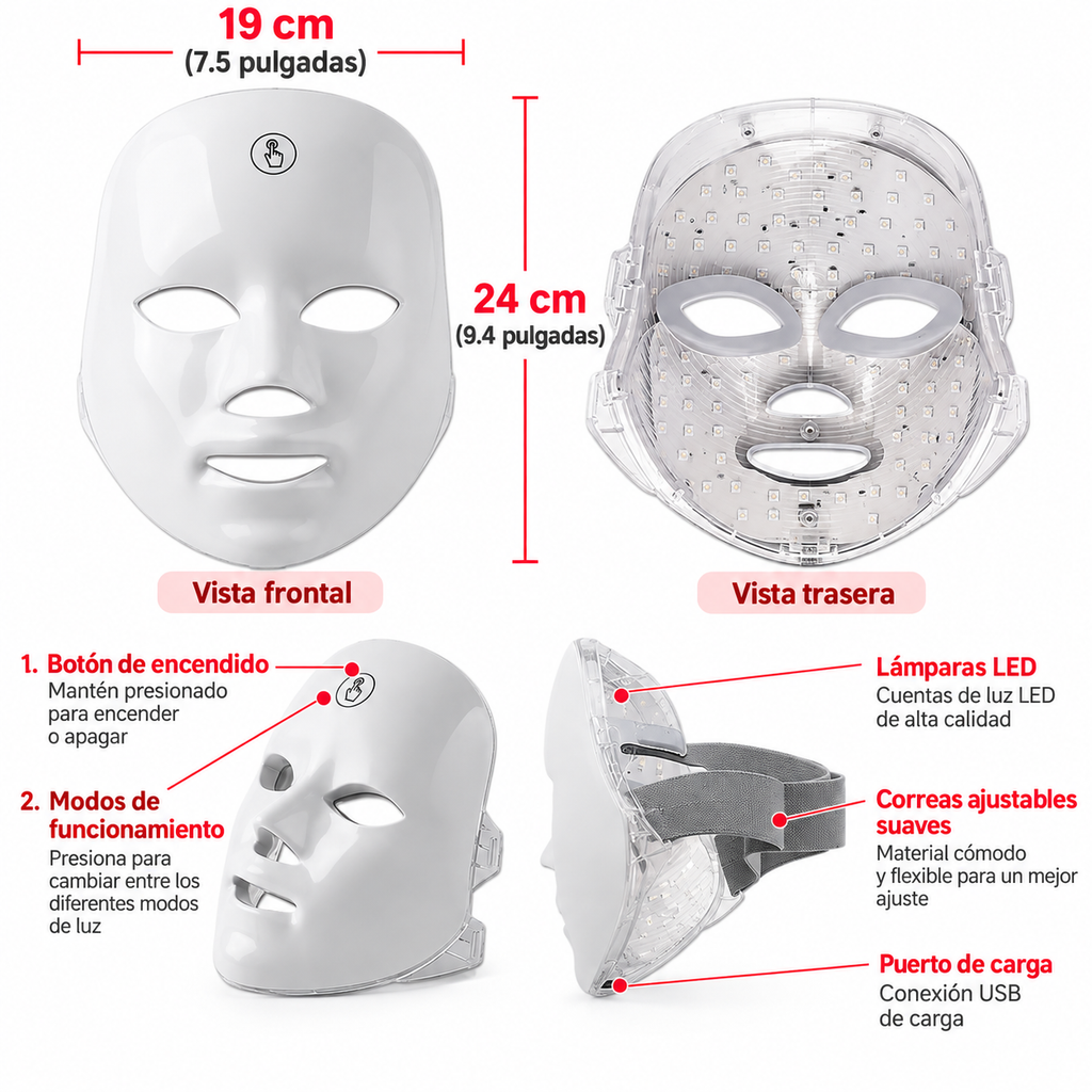 Mascarilla LED Facial 7 Colores – Fototerapia, Rejuvenecimiento y Lifting