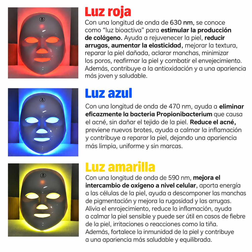Mascarilla LED Facial 7 Colores – Fototerapia, Rejuvenecimiento y Lifting