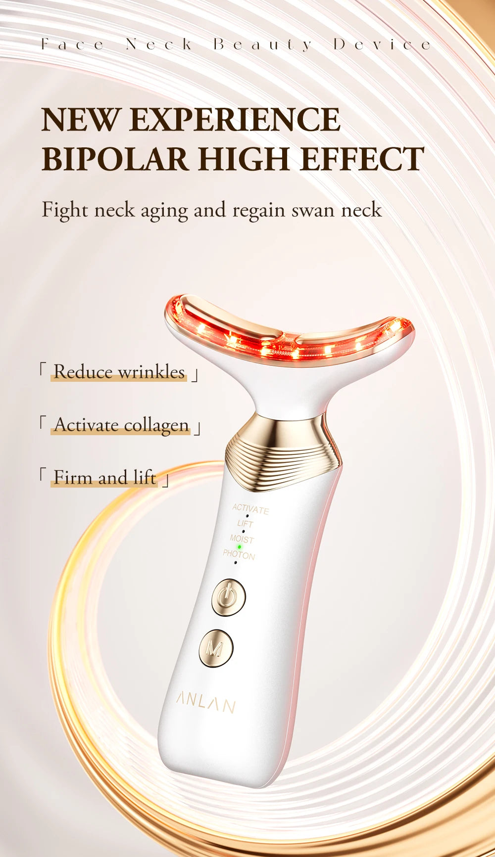Masajeador Facial y de Cuello ANLAN 24K Gold – LED + Microcorriente
