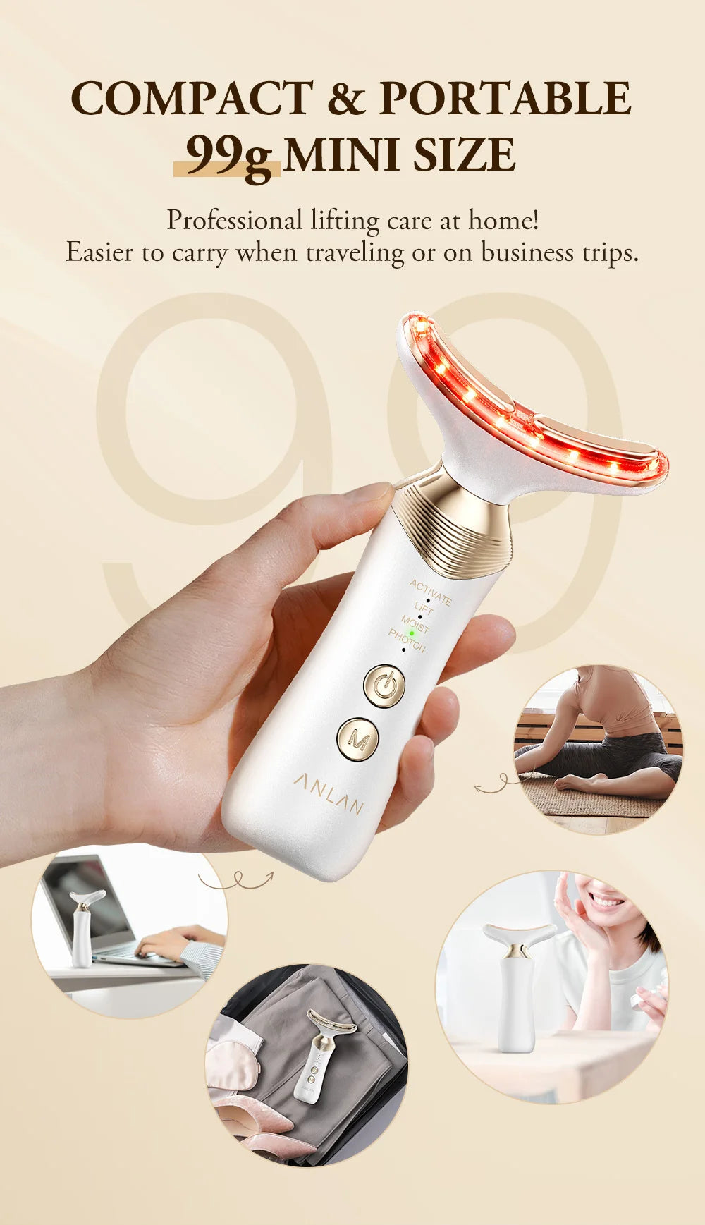 Masajeador Facial y de Cuello ANLAN 24K Gold – LED + Microcorriente